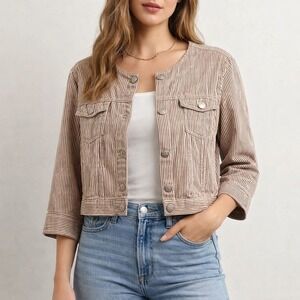L.A.L Striped Jacket Womens M Brown White Coastal Preppy Button Front Chore Y2k